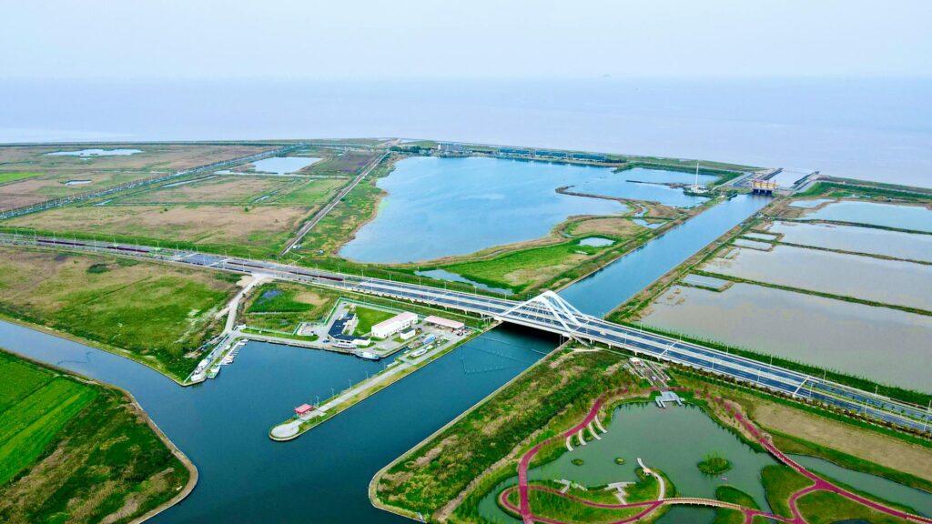 Shanghai Chongming Island wetland park with lush greenery and waterways