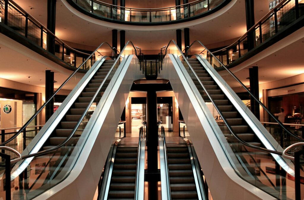 Modern Shanghai shopping mall with contemporary architecture and escalators