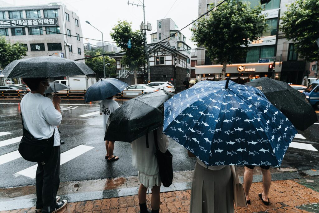 Rainy season in Shanghai with umbrellas on busy city streets