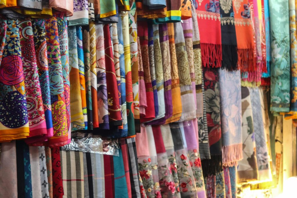 Chinese silk fabric and textiles at a traditional Shanghai market