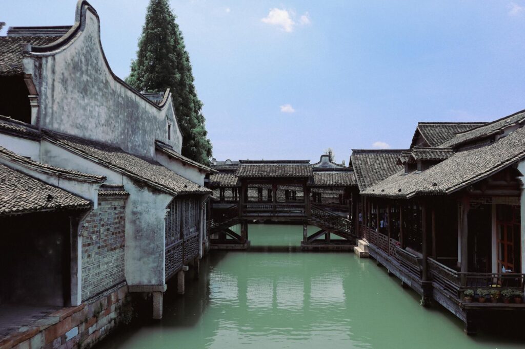 Zhouzhuang ancient water town with white-walled houses along peaceful canals