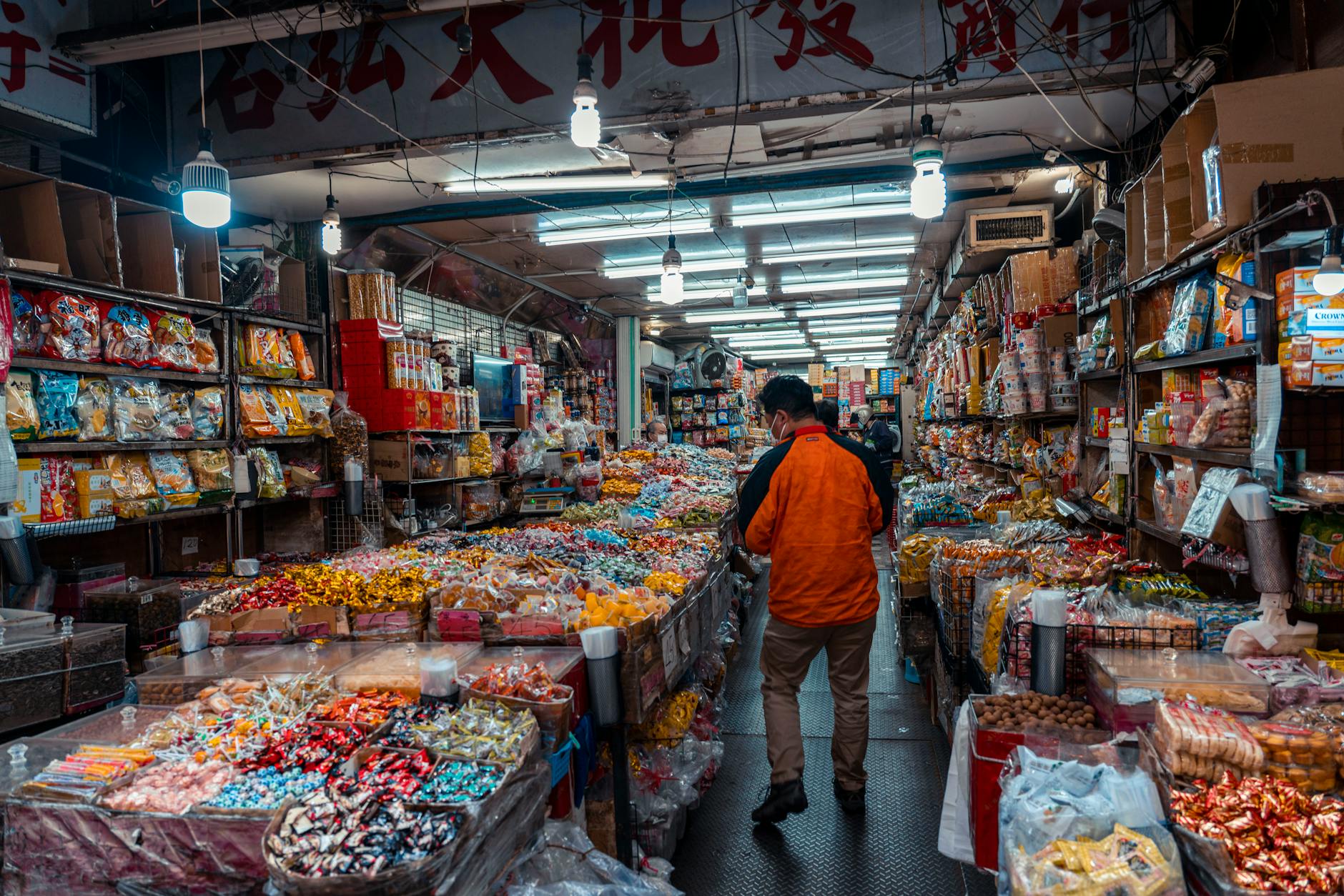 Shanghai street food market with busy food stalls