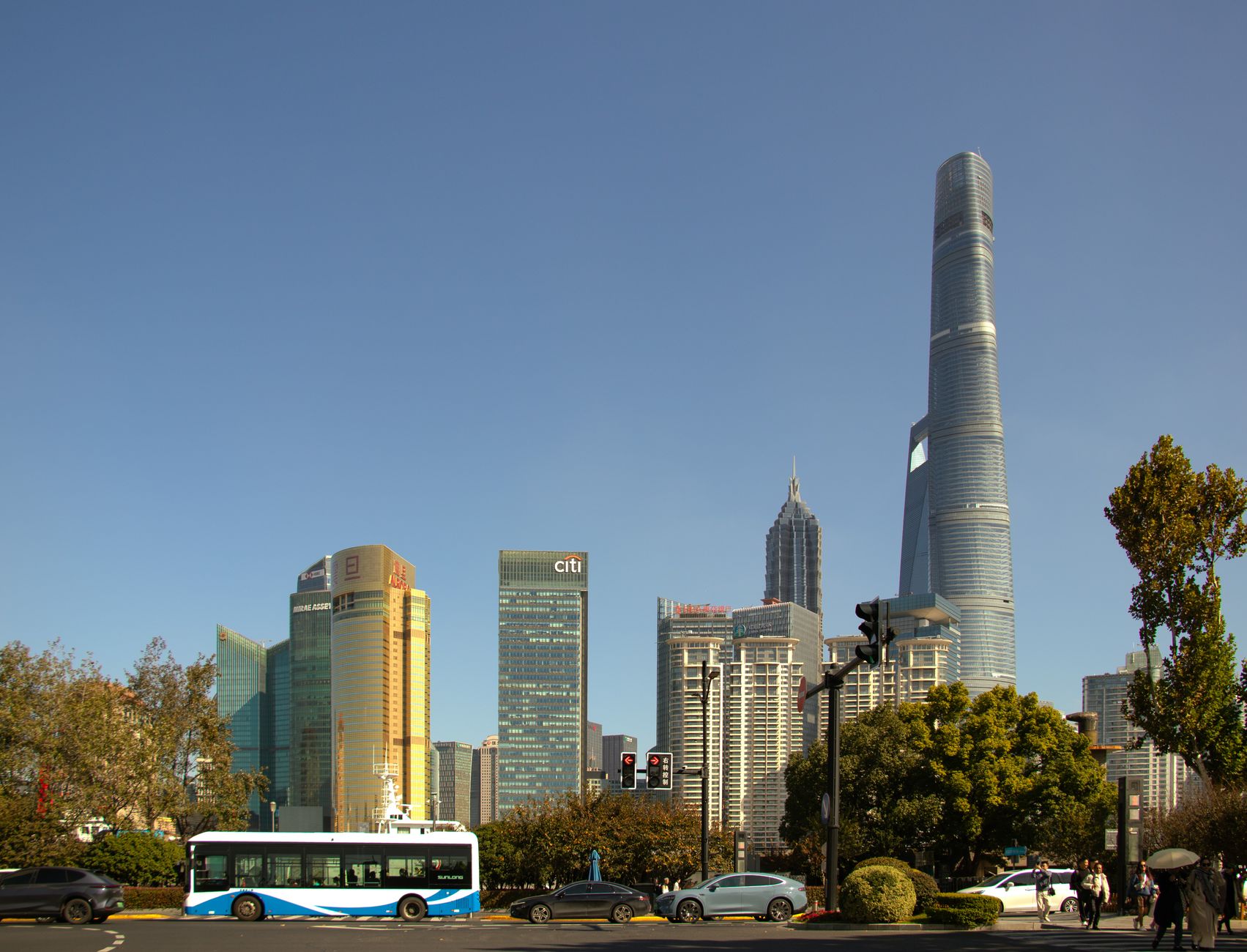 Lujiazui skyline in Pudong with the Shanghai Tower among the cluster of skyscrapers, the kind of view seen from the Shanghai Tower observation deck