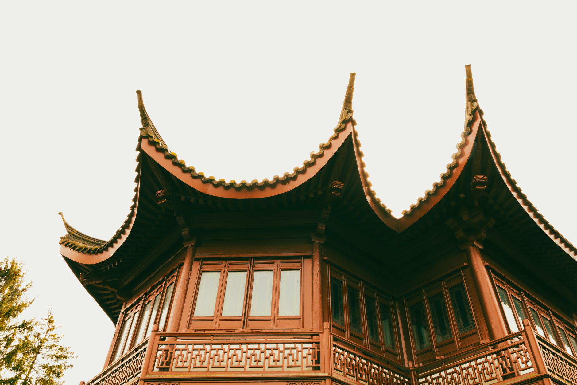 Curved eaves and roof brackets on a traditional Chinese temple pagoda