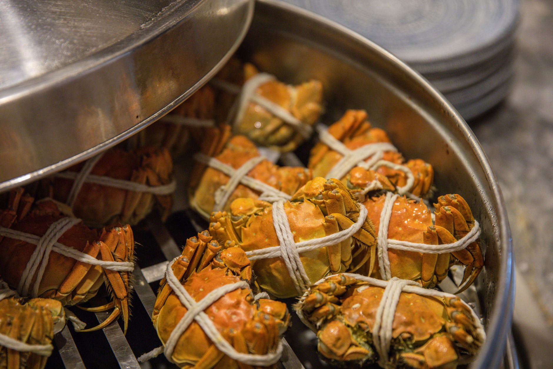 Hairy crabs tied with string and steamed whole in a metal pot