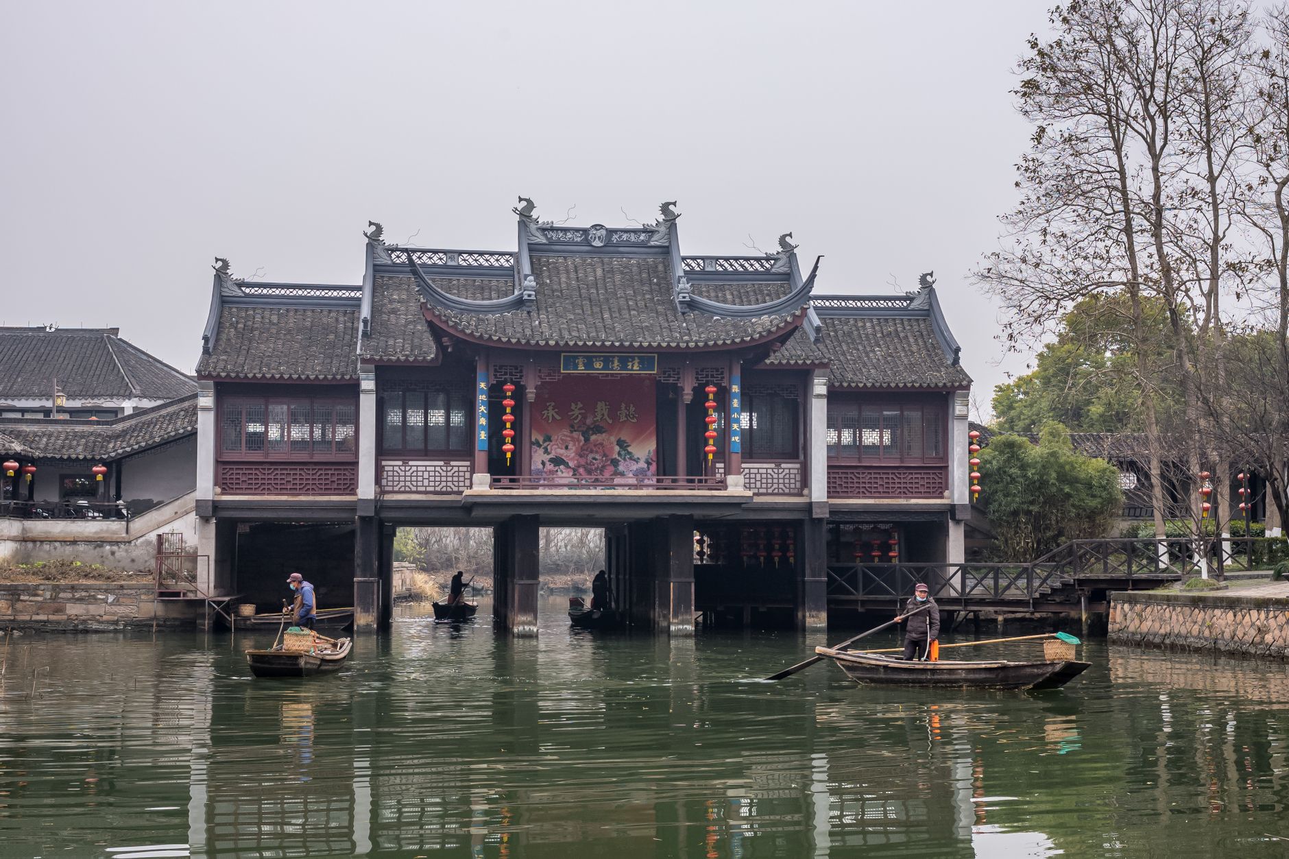 Canal-side buildings and moored boats at Zhujiajiao, the water town closest to central Shanghai