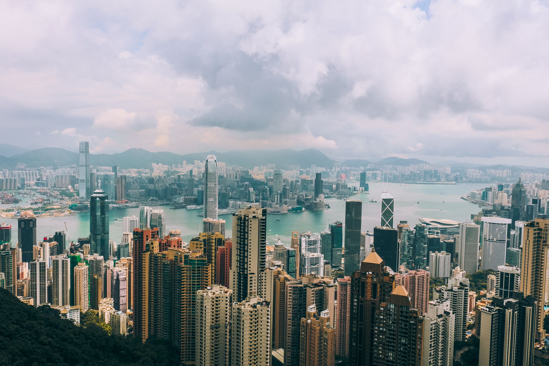 Panoramic view over Hong Kong Island's towers and Victoria Harbour from Victoria Peak