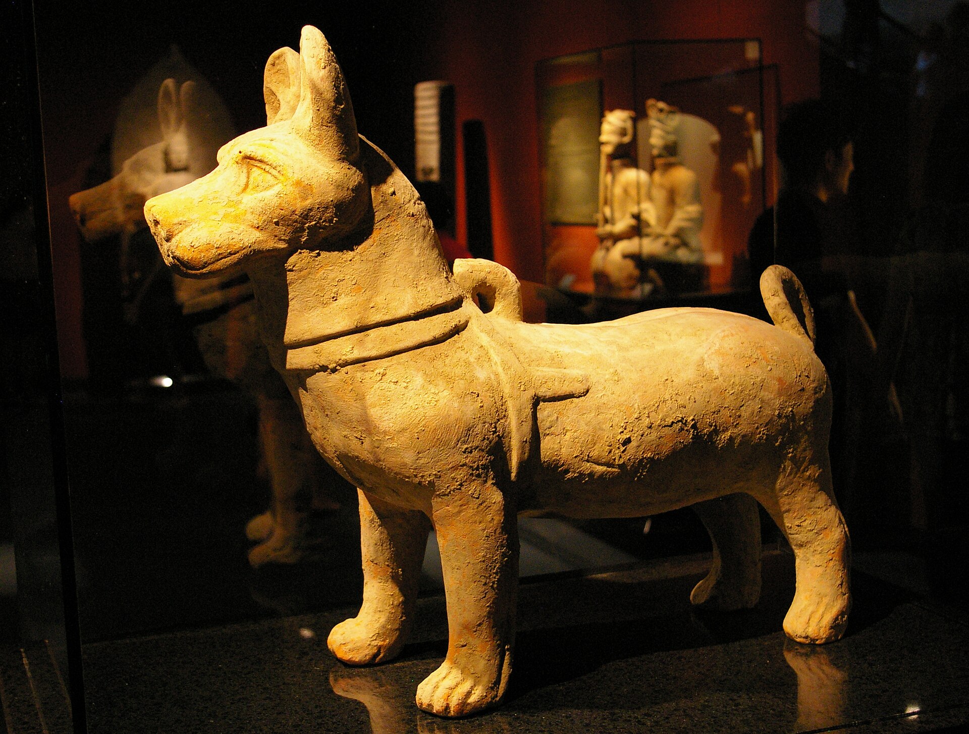A glazed ceramic figure of a dog with a collar, from the Eastern Han dynasty, in a dark museum case